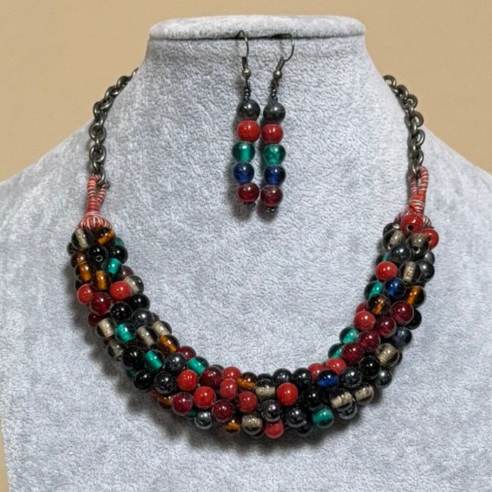Multi color glass bead cotton thread burnish link  Necklace Earring